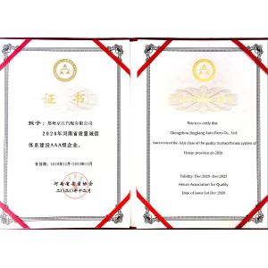 Zhengzhou Jingjiang Auto Parts Co., Ltd. Certifications
