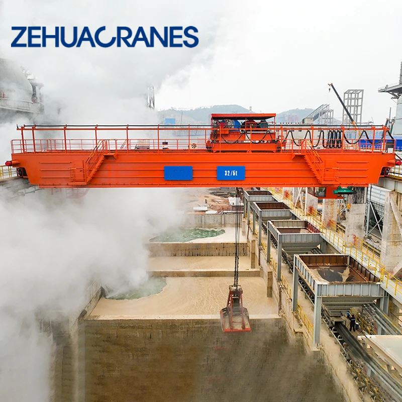Zehua Intelligent Double Girder Overhead Crane PLC Control Customizable Span with Clamshell Grab for Cement Handling