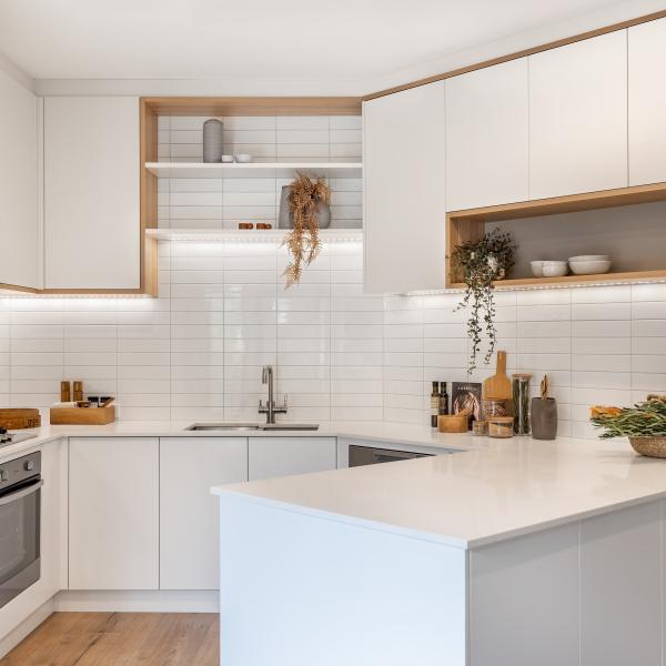 U Shape Matte White Melamine Small Modular Kitchen Cabinets With Handless Design For Apartment
