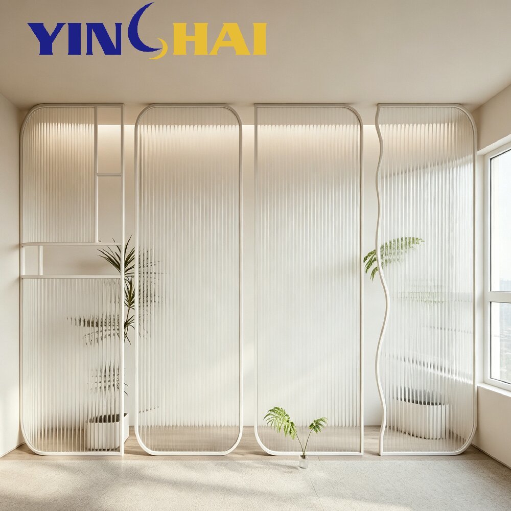 Stainless Steel Partition Screen With Fluted Glass Irregular Curved Frame Divider