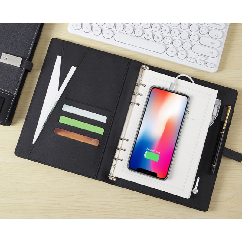 8000mAh Wireless Power Bank Notebook Leather Loose Leaf Binder with LED Light