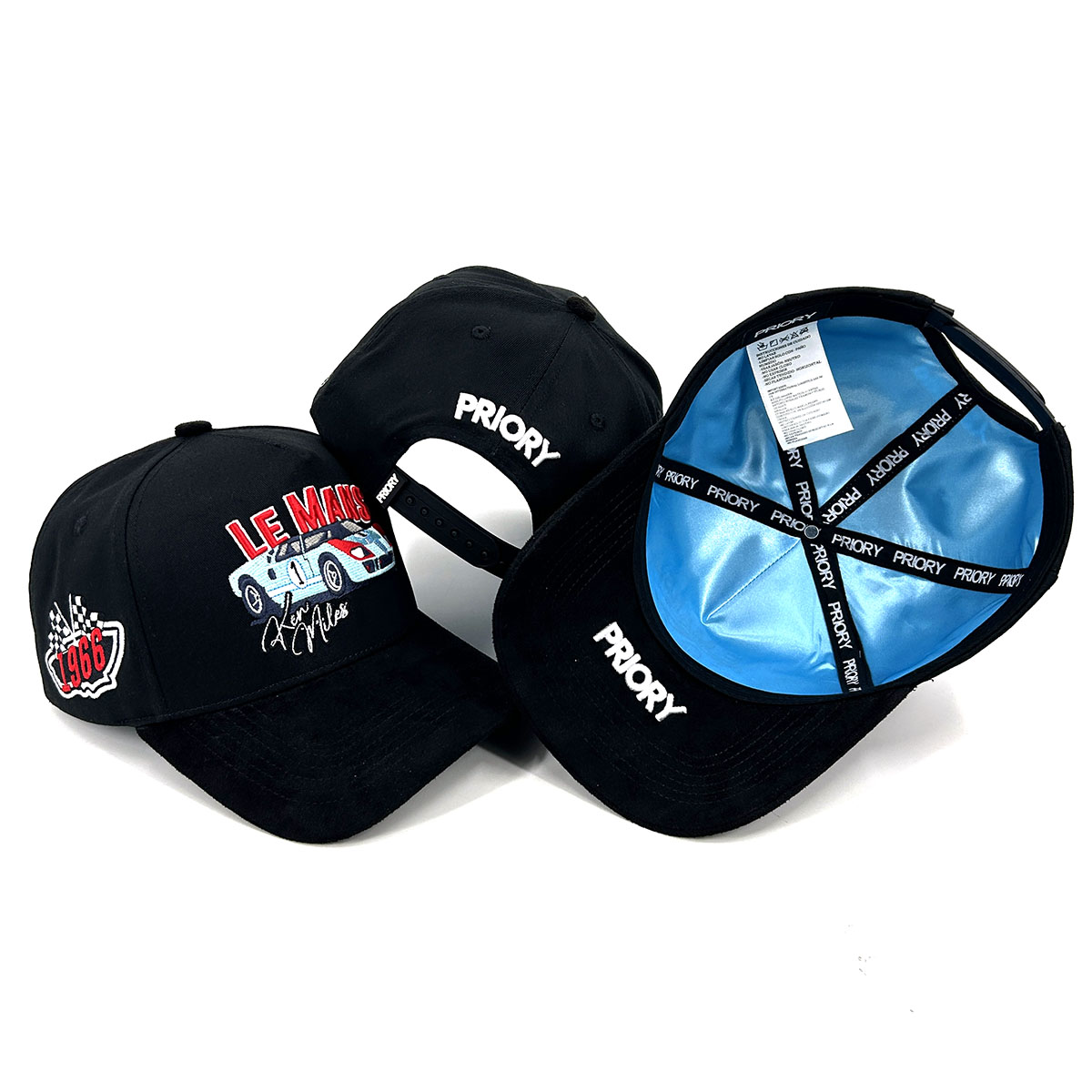 Full Black Suede Cotton Custom Hats 5 Panel 3D Embroidery Blue Lining Baseball Cap