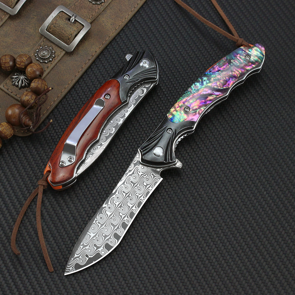 Custom Damascus Folding Camping Knife Tactical Hunting Pocket Knife Shell/Wood Handle Survival Utility Knife Gift EDC Tool DM015