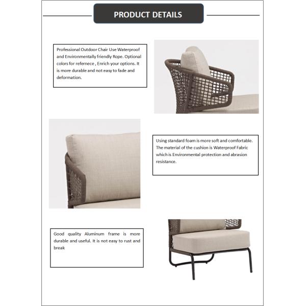 Diseño moderno de lujo Sofá de aluminio para exteriores Sofá de un solo asiento Rattan Jardín Patio Muebles Tejer Cuerdas Sofá de jardín Silla