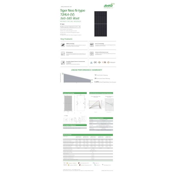 Jinko Solar N Type Solar Panel 565W 570W 575W 580W 585W Solar Pv Module for Solar System