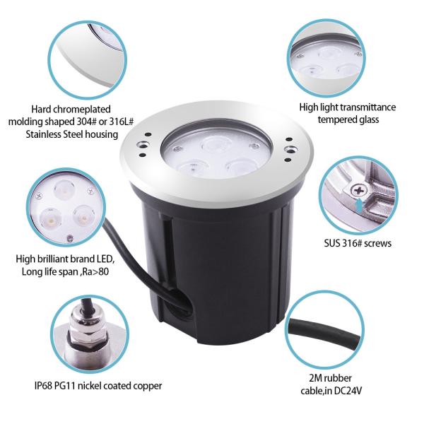 DIA 118mm IP68 304 Stainless Steel Warm White Underwater LED Light 3W DC24v With Plastic Mounting Sleeve