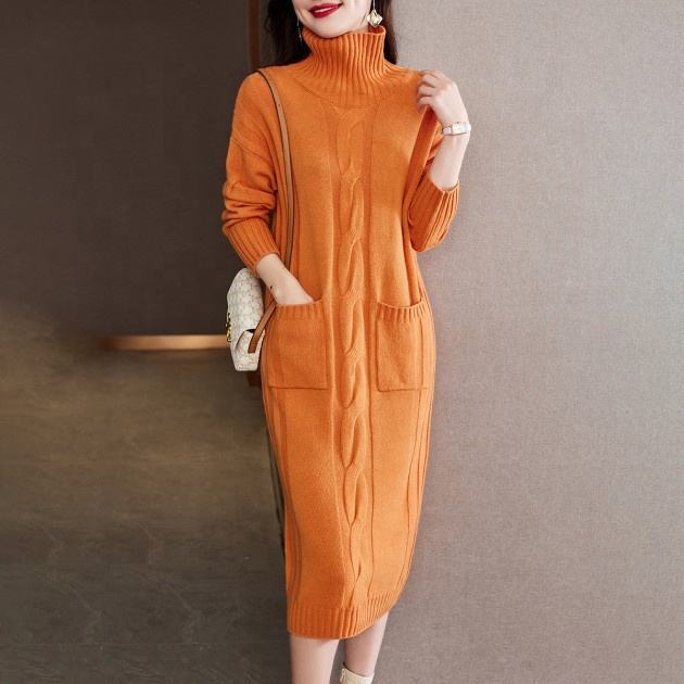 Custom 7 GG Knitted Women's Sweater Dress with Anti-Wrinkle Turtleneck for Winter