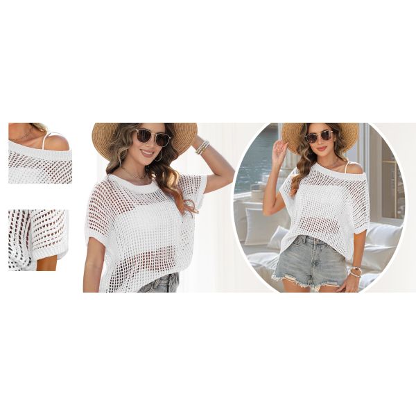 Fashion Accessories Swimsuit Swimsuit Coverup For Women Beach Vacation Clothes Spring Summer Scoop Neck Short Sleeve Sweaters Casual Crochet Knit Tops