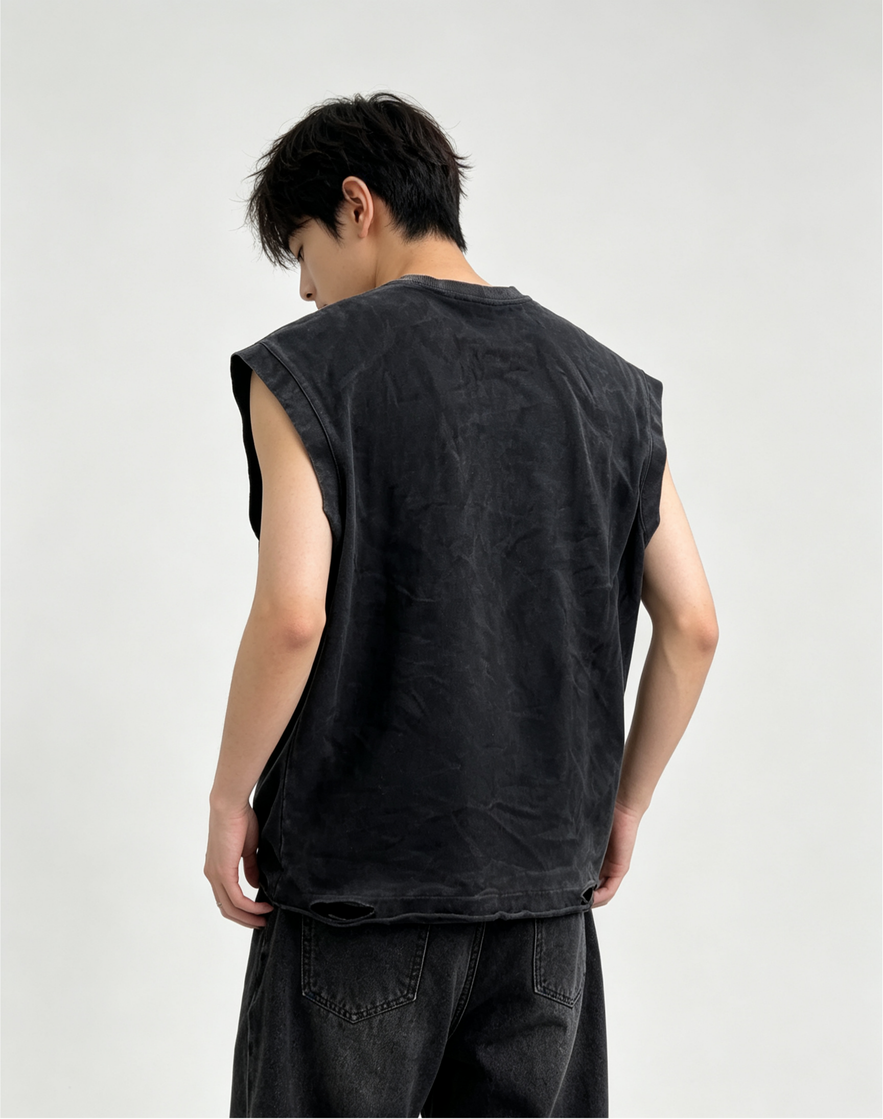Vintage Crinkle Washed Ripped Sleeveless T Shirt Distressed Raw Edge Cut Off Vest