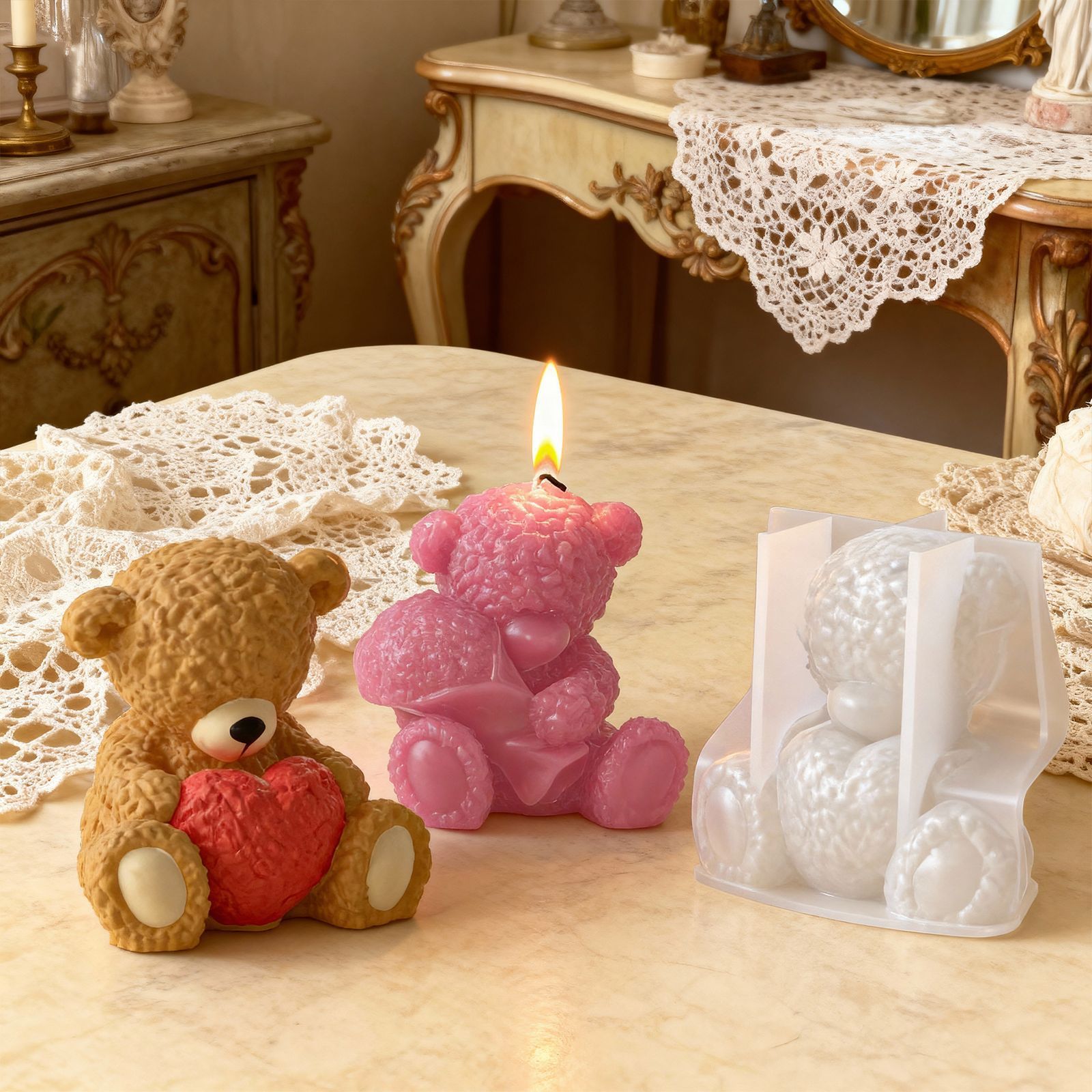 Cross border holding love roses couple teddy bear DIY aromatherapy gypsum candle ornament silicone mold