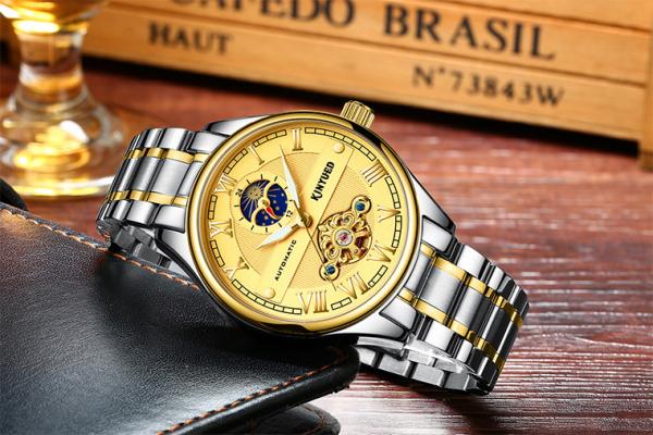 Brand KINYUED automatic skeleton watch gold dial moon phase tourbillon mens automatic watch