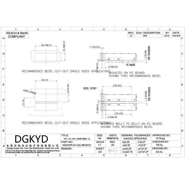 Соединитель скорости тангажа соединителя RJ45 штепсельной розетки 0.8mm SFP прямоугольный