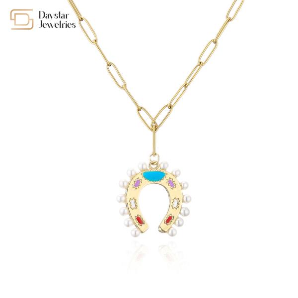 Ожерелье цепи Paperclip нержавеющей стали подковы эмали жемчуга привесное для женщин