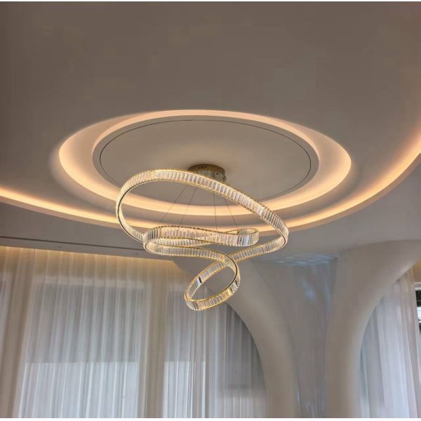 Italian Style Minimalist Crystal Chandelier Luxury Light for High Ceiling Staircase Villa Duplex Loft Hotel Ring Ribbon Iron