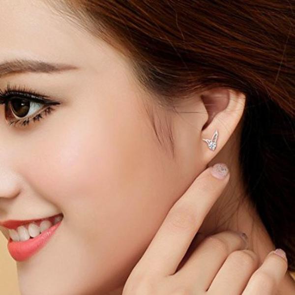 Fashion Silver Plated Wing Stud Earrings with Cubic Zircon (EESTUD02)