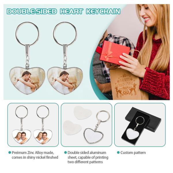 Custom Photo Keyring Double Sided Sublimation Heart Keychain With Black Box Packing