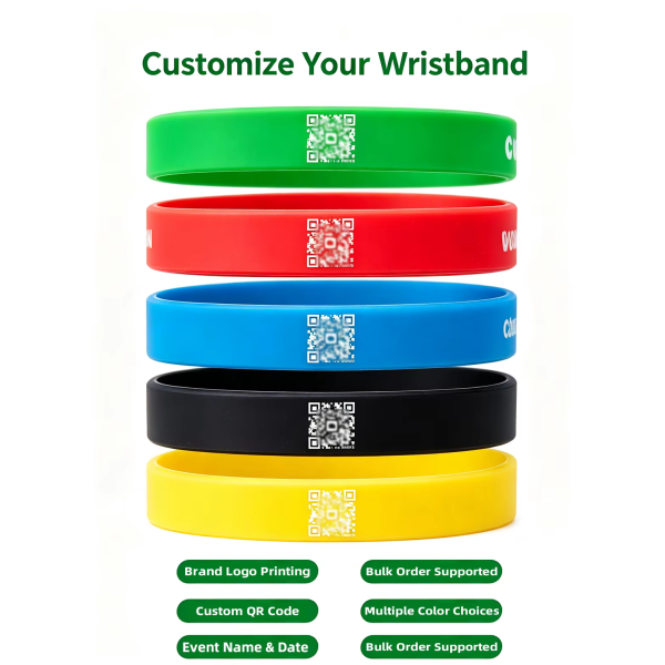 Custom Printed QR Code Silicone Wrist Band Waterproof Silicone Bracelet For Marathon Exhibition Event Staff Check In 