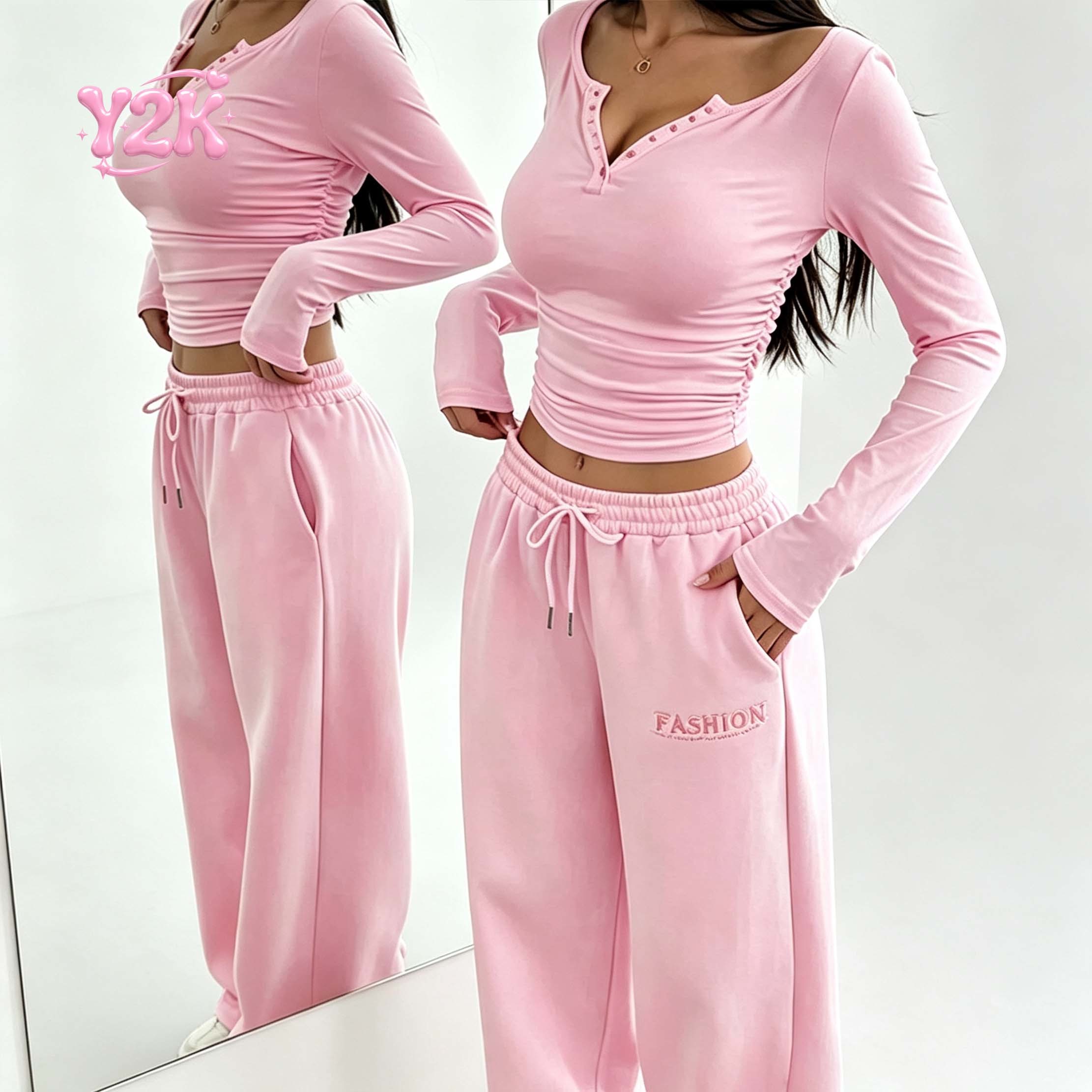 Custom Women's Pink Henley Long Sleeve Top & Wide Leg 2pc Set