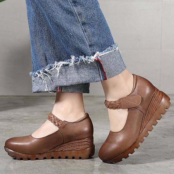 S288 New Style Genuine Leather Thick-Soled Slope Heel Spring Shoes Factory Direct Sales Pure Color Simple Leather Ethnic