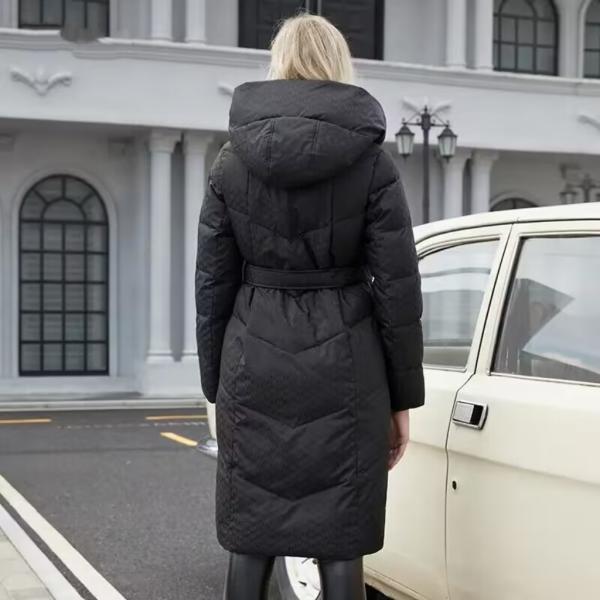                  Winter Long Thick Padded Coat Women Printed Fabric Coat Fashion Casual Belted Jacket             