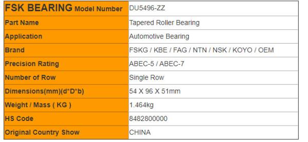 Radial DU5496- ZZ Tapered Roller Bearings DU Series Automobile Front Wheel Hub Unit