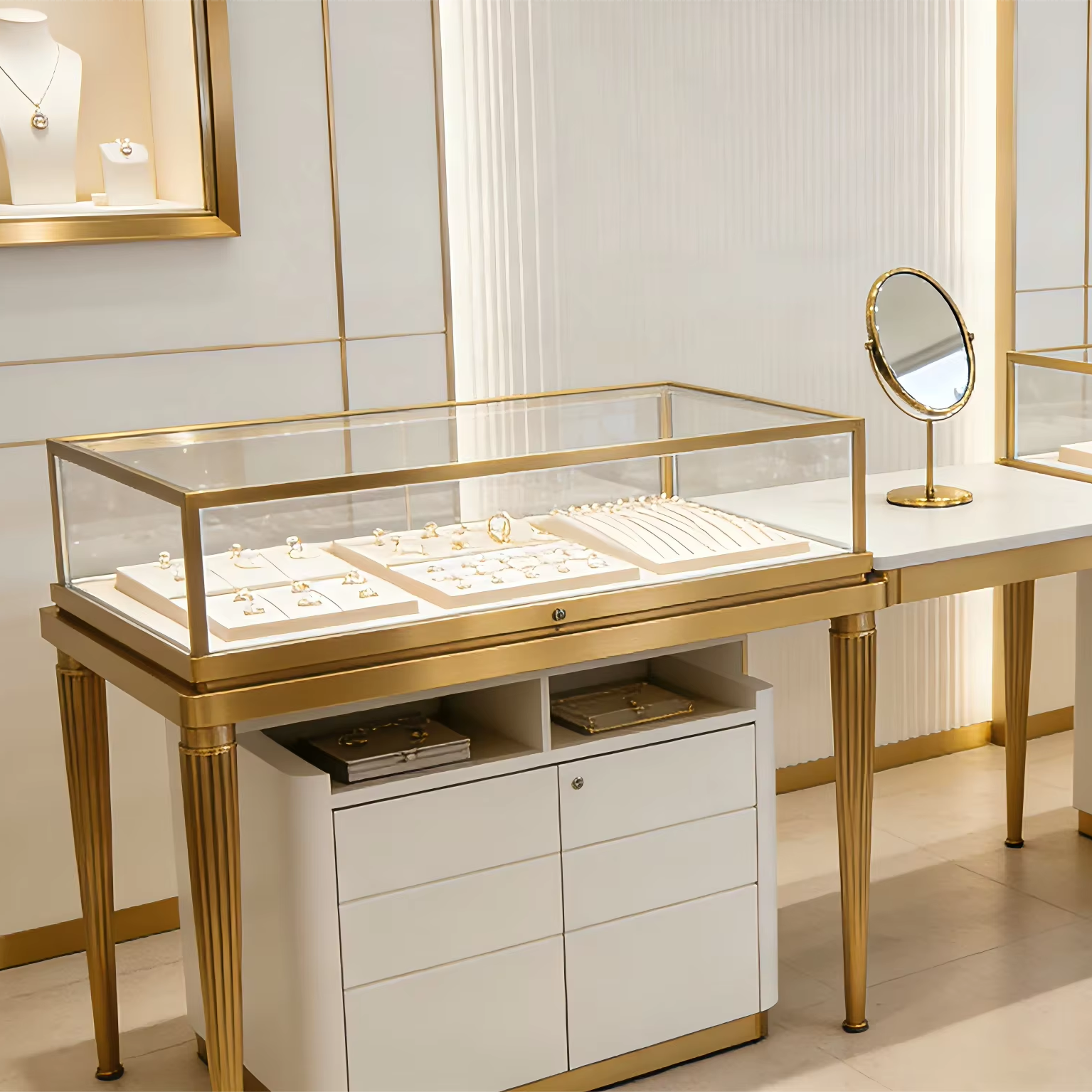 Customizable Wooden Jewelry Display Cabinet with Glass Shelves and Stainless Steel Legs for Luxury Front Showcase