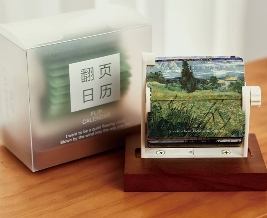 Hand-Crank Mechanical Flip Desk Calendars With Wooden Stand For Office Decor