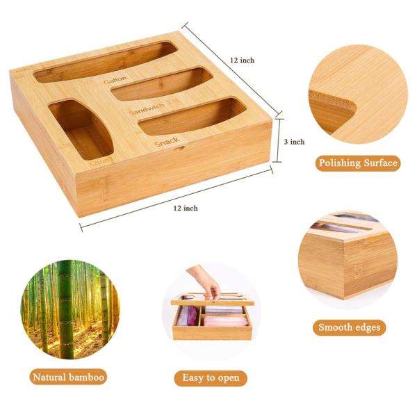 12x12x3 Inch Bamboo Kitchen Storage Ziplock Bag Storage Organizer