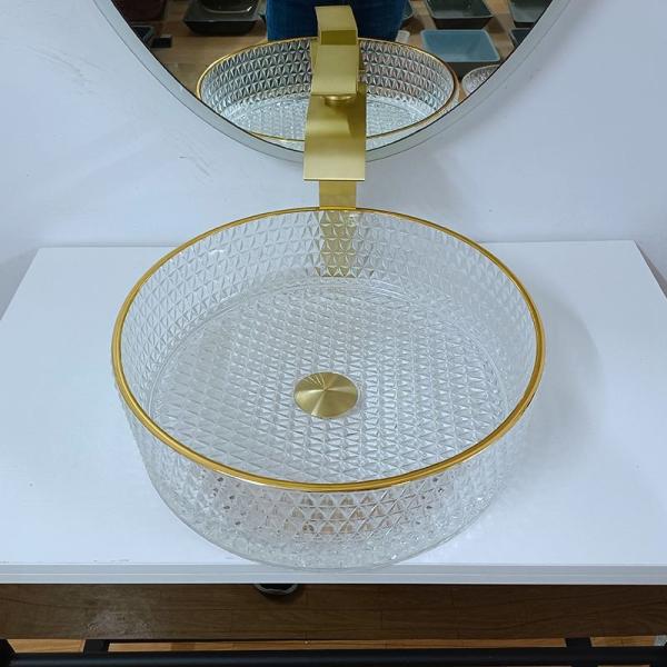Gold Edge Round Glass Wash Basin 45mm Bathroom Vessel Sink