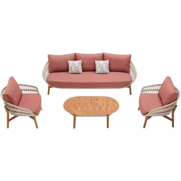 Waterproof and Sunproof Outdoor Teak Rattan Sofa Set for Courtyard Garden Open-Air Homestay Leisure Minimalist Solid Wood Combination