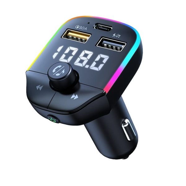 Bluetooth 5.0 Car FM Transmitter 12W With 3 Port Fast Charging 7 Colors LED Backlit