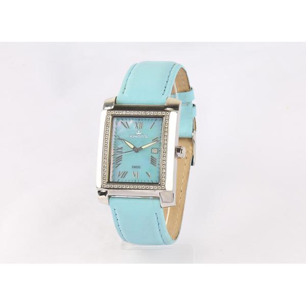 Rectangle Blue Leather Quartz Watch Stainless Steel Case MOP Dial