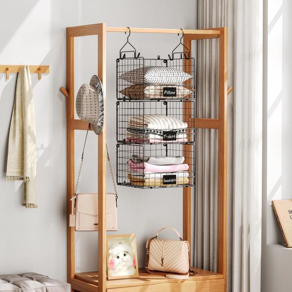 Sonyabecca 3-Tier Hanging Closet Organizer with Name Plate, Clothes Hanging Shelves 5 S Hooks, Wall Mount & Cabinet