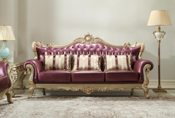 Purple Genuine leather three seat Sofa in Luxury carving Furniture European Joyful Ever