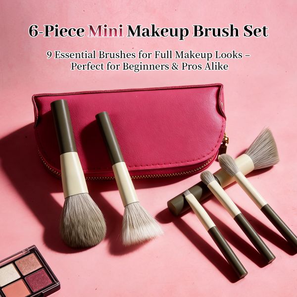 6-Piece Ultra-Portable Professional-Grade Mini Makeup Brush Set with Travel Pouch