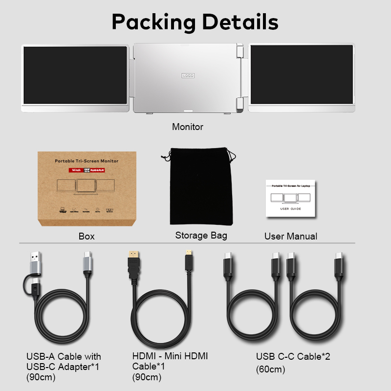 USB C 14 Inch Portable Monitor 1200P FHD IPS Dual Screen Extender Mini For Notebook