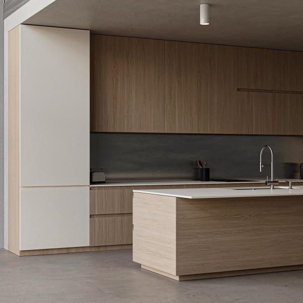 Melamine Finish Wood Grain And Solid Wood Handleless Kitchen Cabinet For Villa