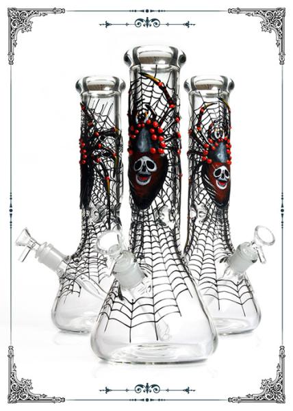 13.5 Inches Water Pipe Smoking Glass With Spider Web And Skull Cooper Art On Glass