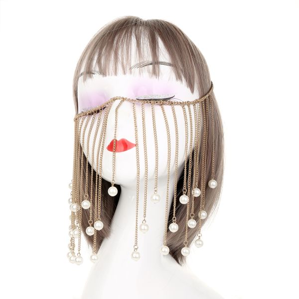 Ins Pearl Mask Vintage Alloy Head Chain European and American Hair Accessories Half Mask Headwear Party Fashion Mask