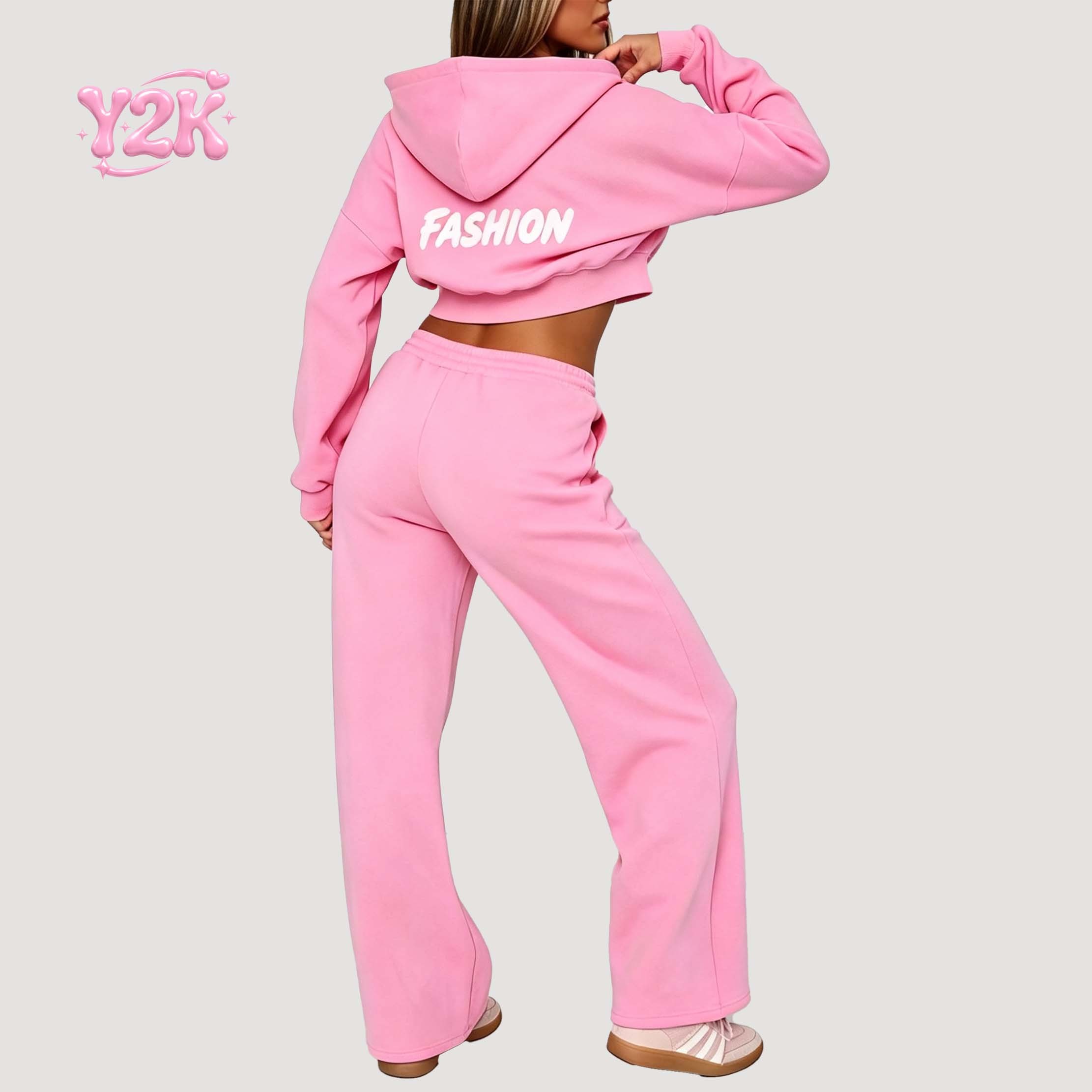 Custom Women's Pink Cropped Zip Up Hoodie & Wide Leg Pants 2pc Set