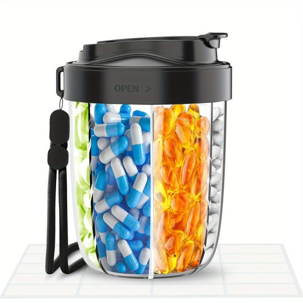Transparent Lids & Ergonomic Handle Portable Pill Container Beige/Pink/Black For Daily Medication & Supplement Storage