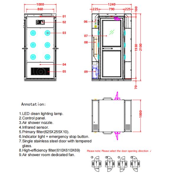 Ducha de aire para una sola persona. Dobles chorros y acero inoxidable 201. Diseño compacto certificado ISO.
