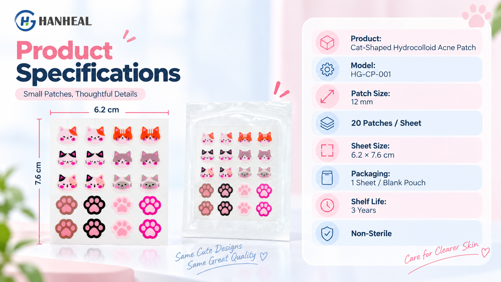 Custom Cat-Shaped Hydrocolloid Acne Patches 12mm 20 Patches per Sheet