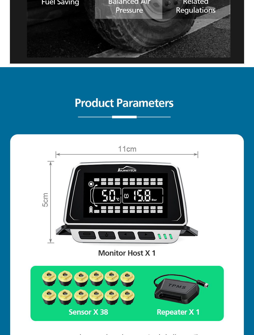 JYS TPMS Wireless Truck Tire Pressure Monitor Solar Powered Large Screen Real-Time Temperature Alarm G01 Model >12V 1 Year High