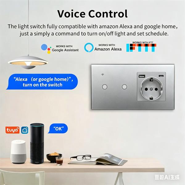 Voice Control Smart Switch and Socket with Glass Panel and Round Mounting Box for Smart Home Integration