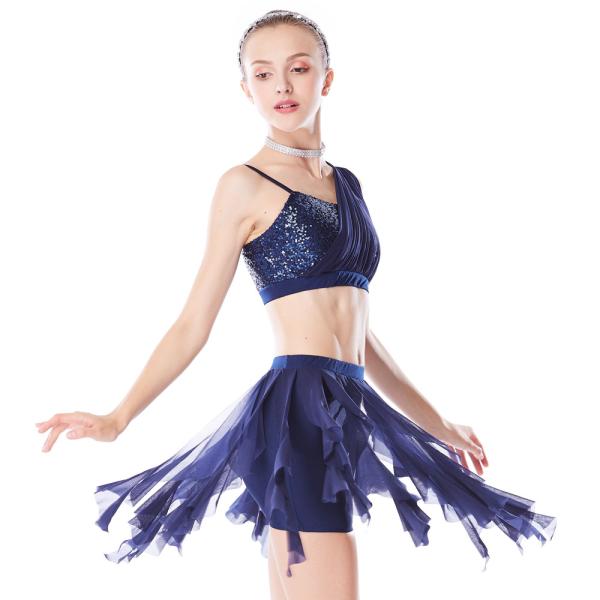 Dance Dresses Sequins Dance Tops One Shoulder Gather With Feather Flower Girls Spirals Skirt