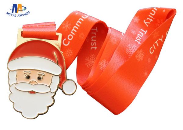 Santa Claus And Christmas Metal Stock Medals With Enamel And Sublimated Ribbon