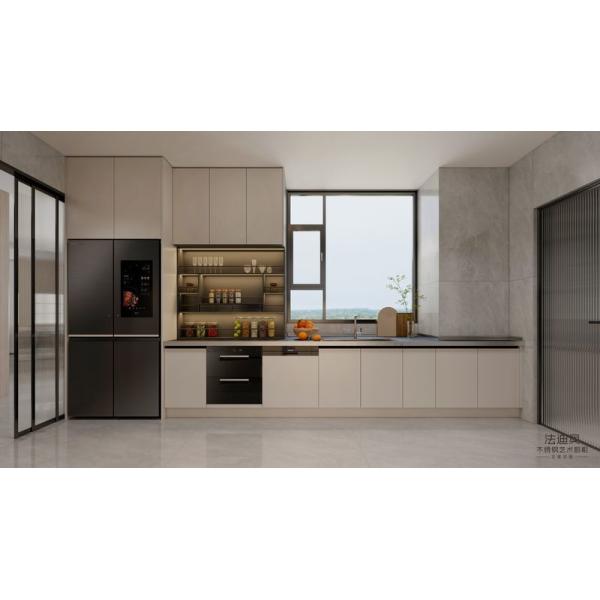 Double-Line Layout Beige Stainless Steel Modern Kitchen Cabinet