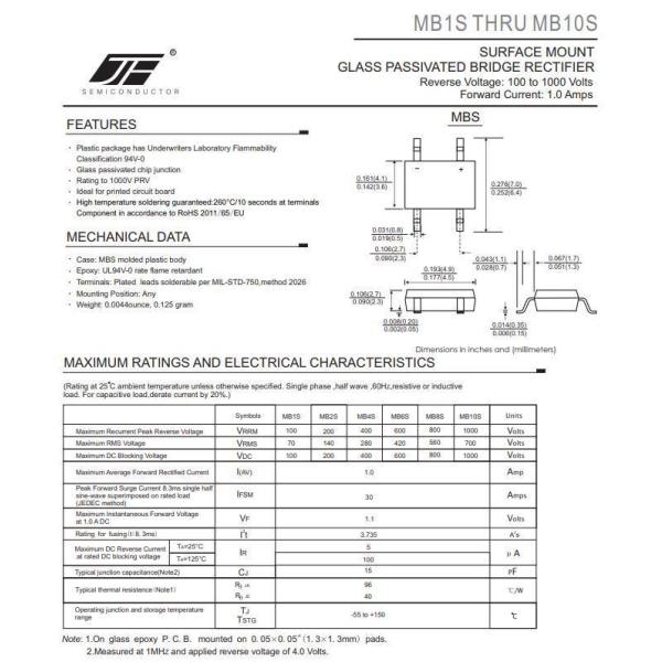 MB6S 1A/600V MBS Bridge Rectifier with 0.001kg Gross Weight in Small Size Package