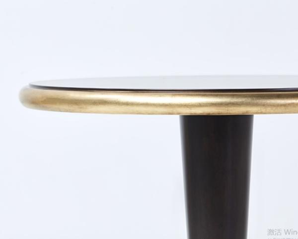 Walnut Wood Veneer Round Dining Table With Solid Wood Edge And Gold Leaf Base